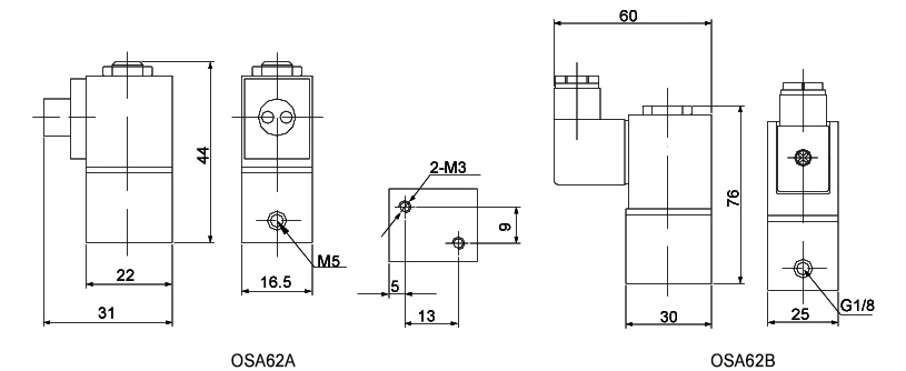 OSA62A微型电磁阀（铝）外形尺寸